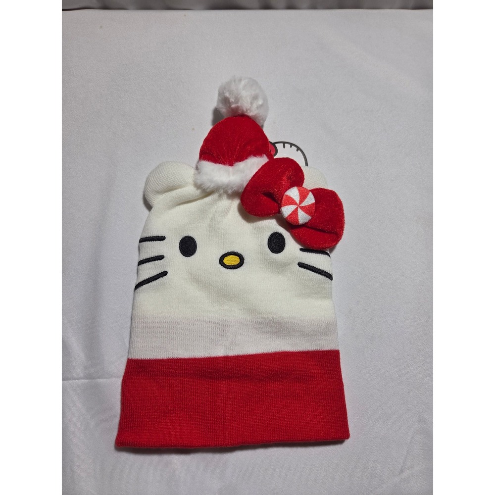 Sanrio Hello Kitty Christmas Beanie Santa Peppermint Bow White‎ Red H24HF61868